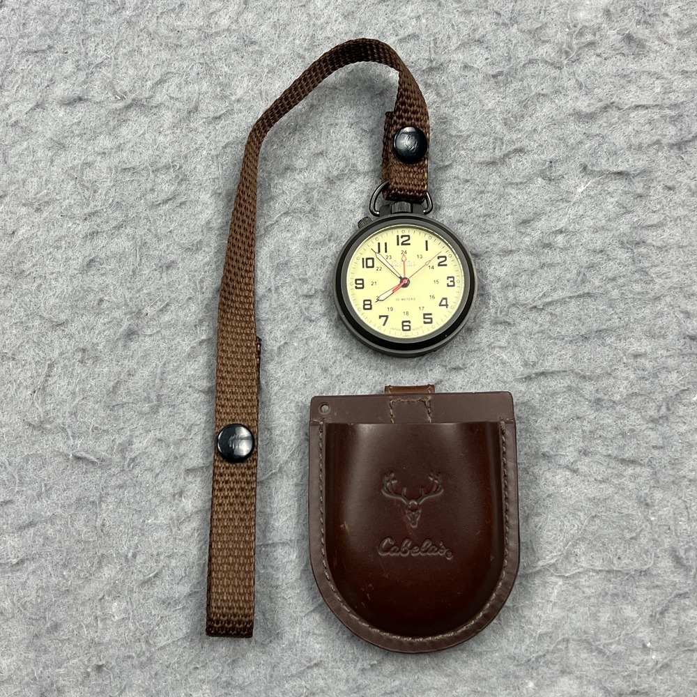 VTG Cabela's Pocket Watch Brown Leather Case Japan Movement‎ Outdoor Gear Field